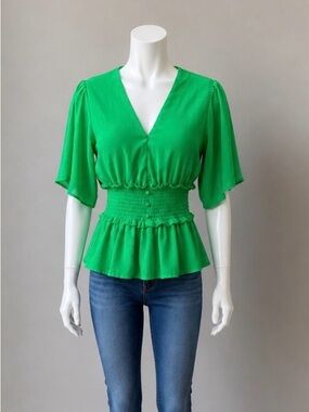 Green V-Neck Smocked Waist Flutter Sleeve Top